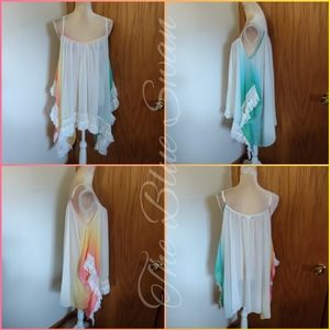EUC My Story Paris Chiffon Floaty Poncho Caftan Rainbow Ombre Gradient Fringe OS